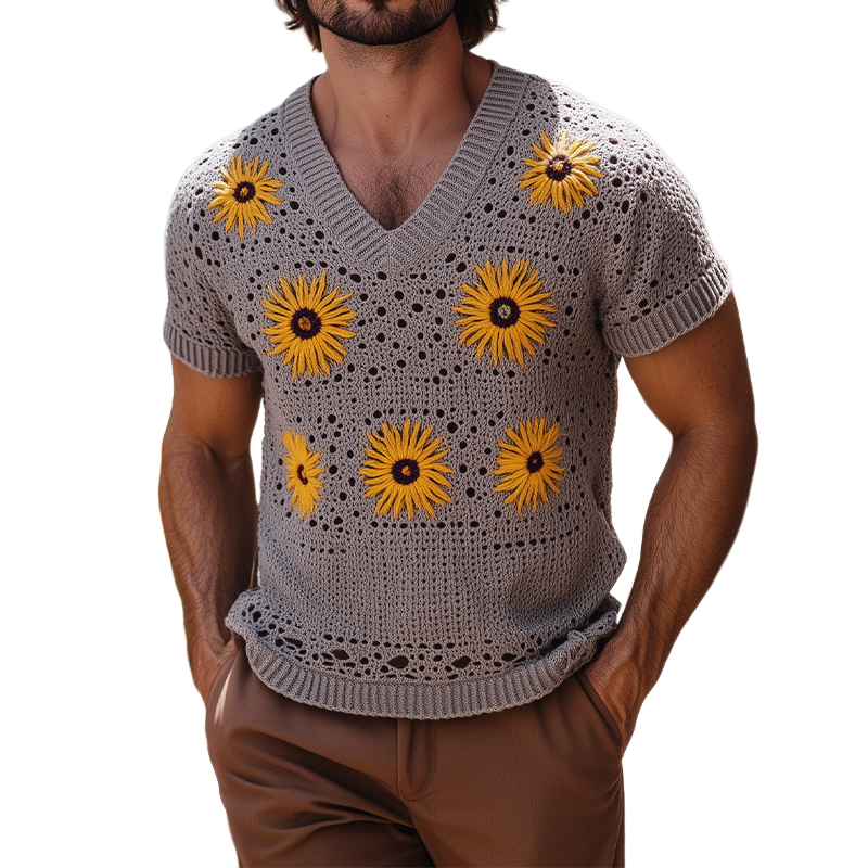 Herre Vår- og sommermote Fritidsstil Feriestil Strikket hul blomster V-hals Kortermet T-skjorte MTA2160F6K