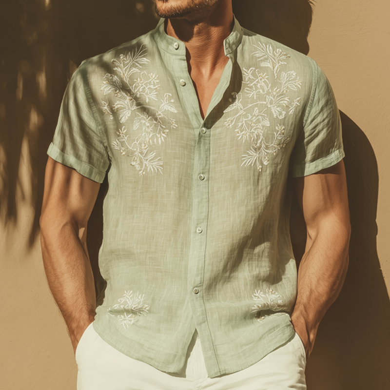 Men's Summer Classic Cotton Embroidered Stand Collar Short Sleeve Shirt MTA0792G9U