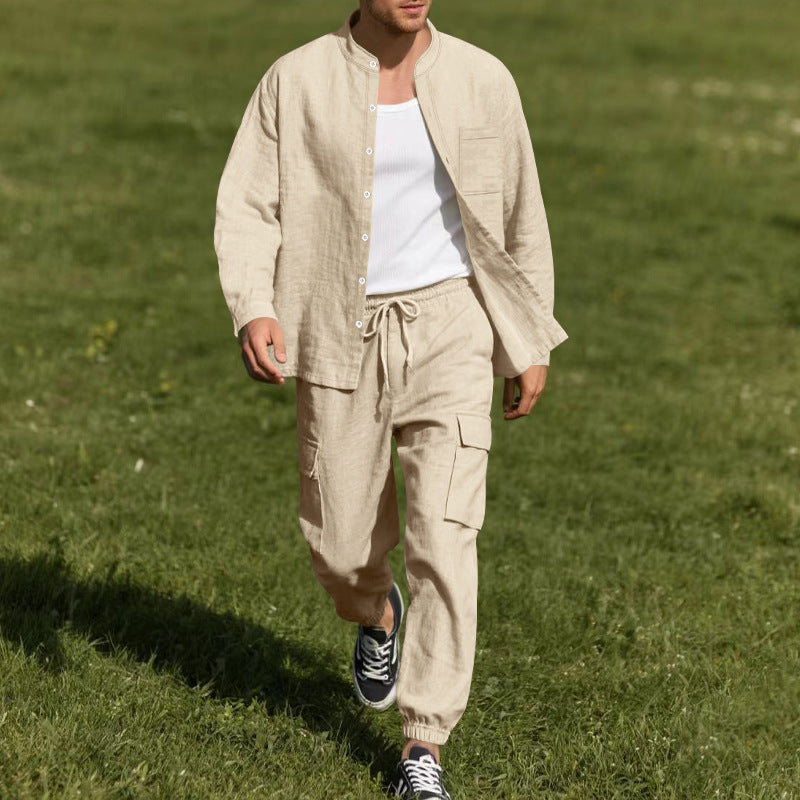 Men's Casual Cotton And Linen Long-Sleeved Trousers Two-Piece Set MTA0653E1X