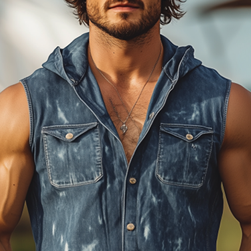 Men's Spring And Summer Fashion Casual Washed Denim Distressed Hooded Sleeveless Shirt MTA2447F9K