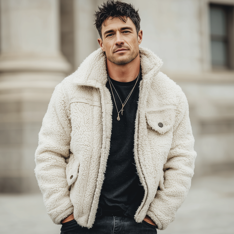 Men's Urban White Warm Fleece Zip-Up Jacket MTA1340K3U