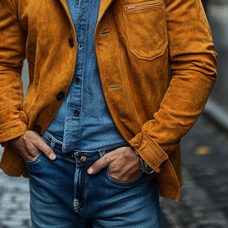 Men's Casual Solid Color Faux Suede Collar Button Jacket MTA0593K9X