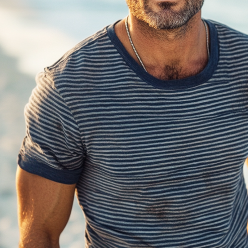 Men's Retro Casual Shabby Striped Printed Round Neck Short Sleeve T-Shirt MTA2768E8TO