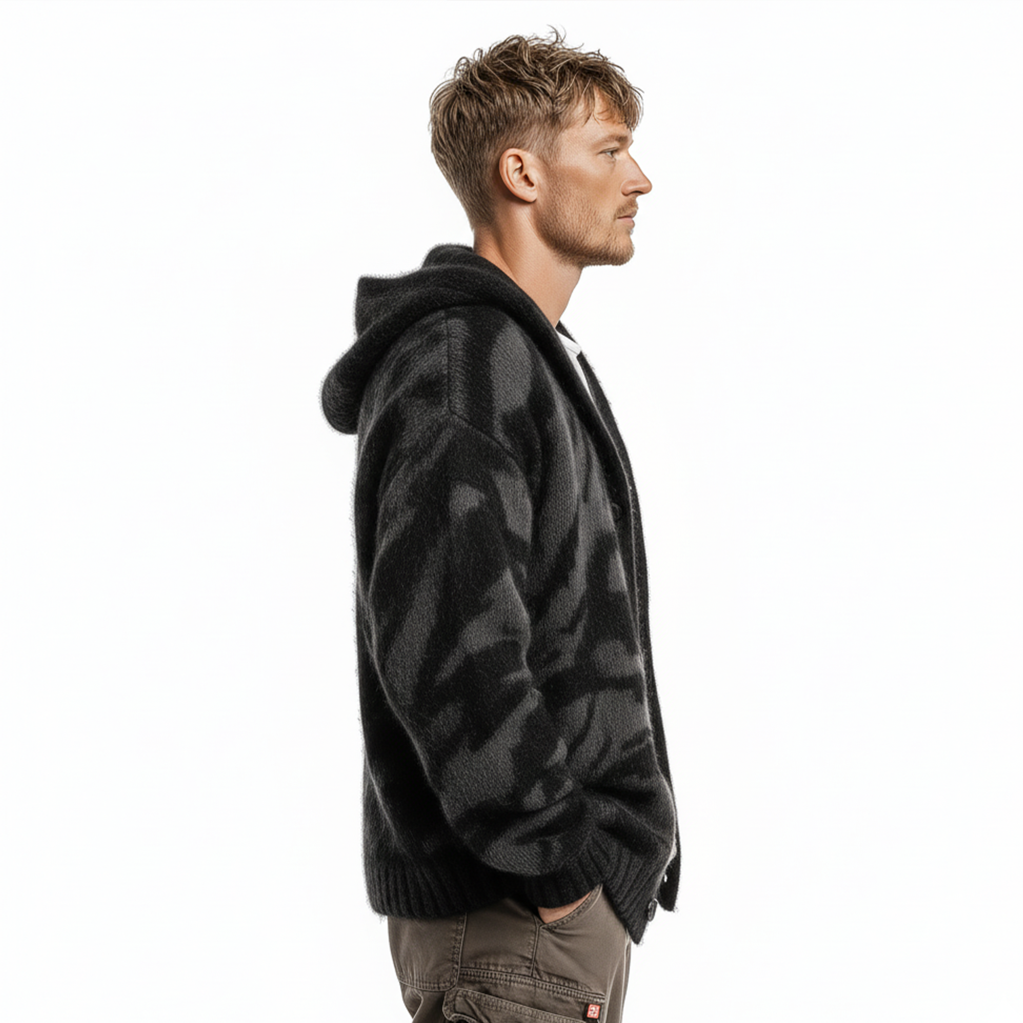 Men's Casual Fashionable Hooded Zebra Print Knitted Cardigan MTA1726J2K