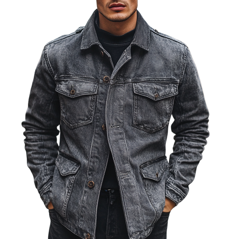 Men's Solid Color Vintage Lapel Multi-pocket Denim Jacket MTA1224I0X