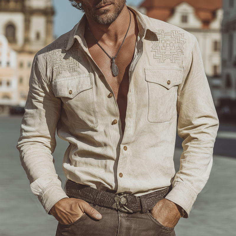 Men's Vintage Beige Faux Suede Embroidered Long-sleeved Shirt MTZ0817A8U