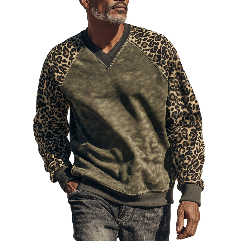Men's Vintage Leopard Print Cotton Blend V-Neck Sweatshirt MTA1422H3P