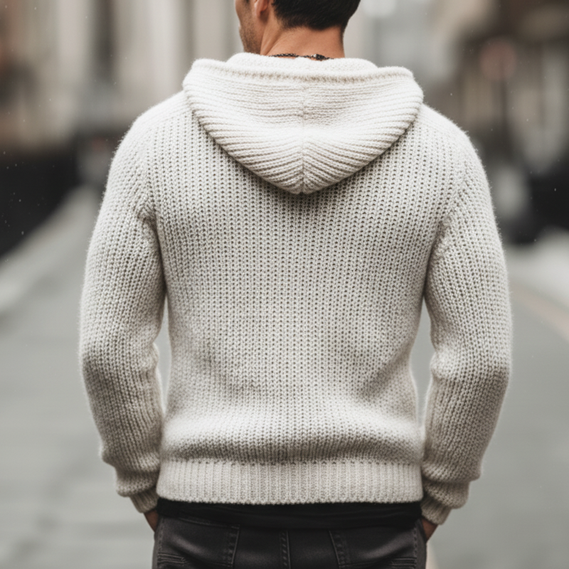 Men's Urban Casual White Hooded Zip-up Knit Cardigan MTA3012K8U