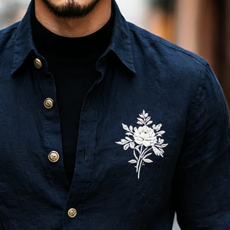 Men's Retro Casual Cotton Linen Embroidered Collar Long-Sleeved Shirt MTA2238L1TO