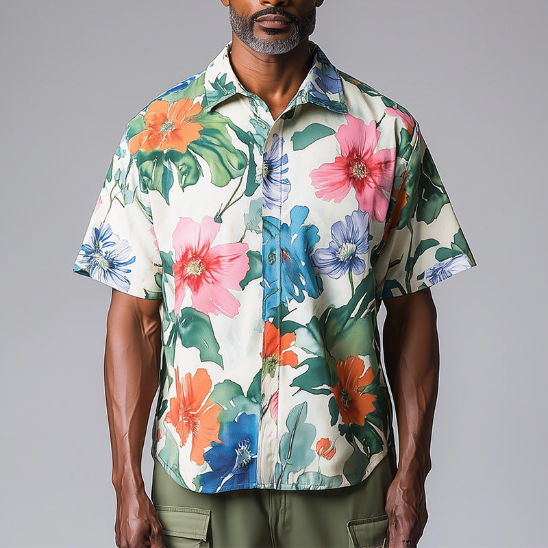 Men's Summer Fashion Floral Print Cotton And Linen Short Sleeve Shirt MTA1582E2P