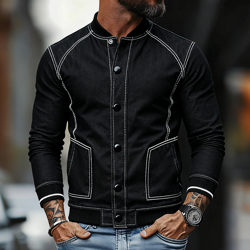 Men's Casual Color-blocked Washed Baseball Collar Button Jacket MTA2919J8X
