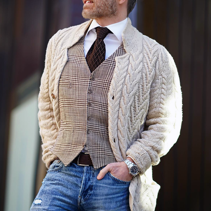 【Spedizione in 24 ore】Cardigan monopetto in maglia a trecce con colletto alto vintage da uomo 26165463Z