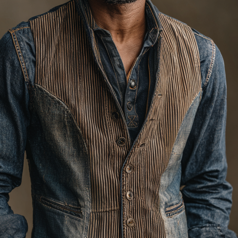 Men's Vintage Striped Splicing Denim V Neck Single Breasted Vest MTA2106H0Z