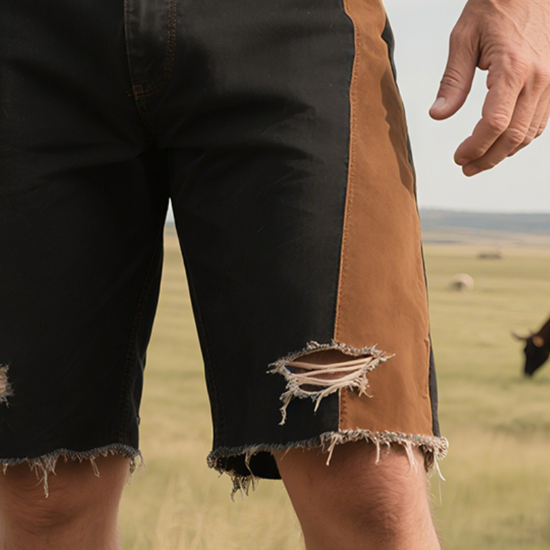 Men's Retro Western Cowboy Style Ranch Classic Denim Washed Ripped Shorts MTA1307E9TO