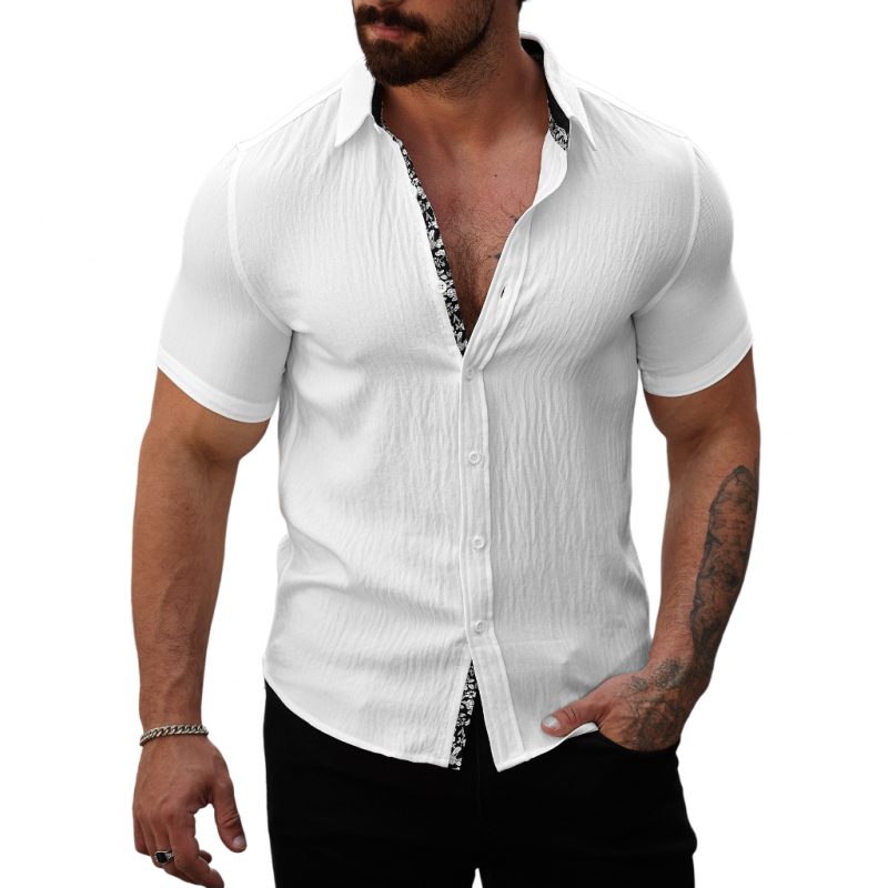 Men's Casual Cotton Linen Pleated Colorblock Lapel Slim Fit Short Sleeve Shirt MTA2680E3M
