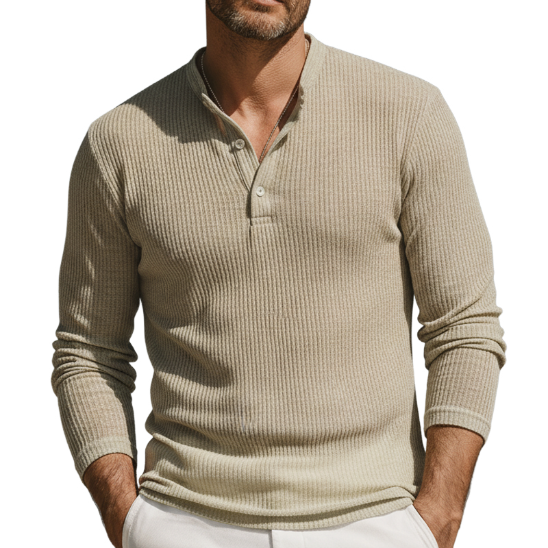 Men's Classic Three-button Henley Neck High-stretch Knitted Long-sleeved T-shirt MTZ0904B3U