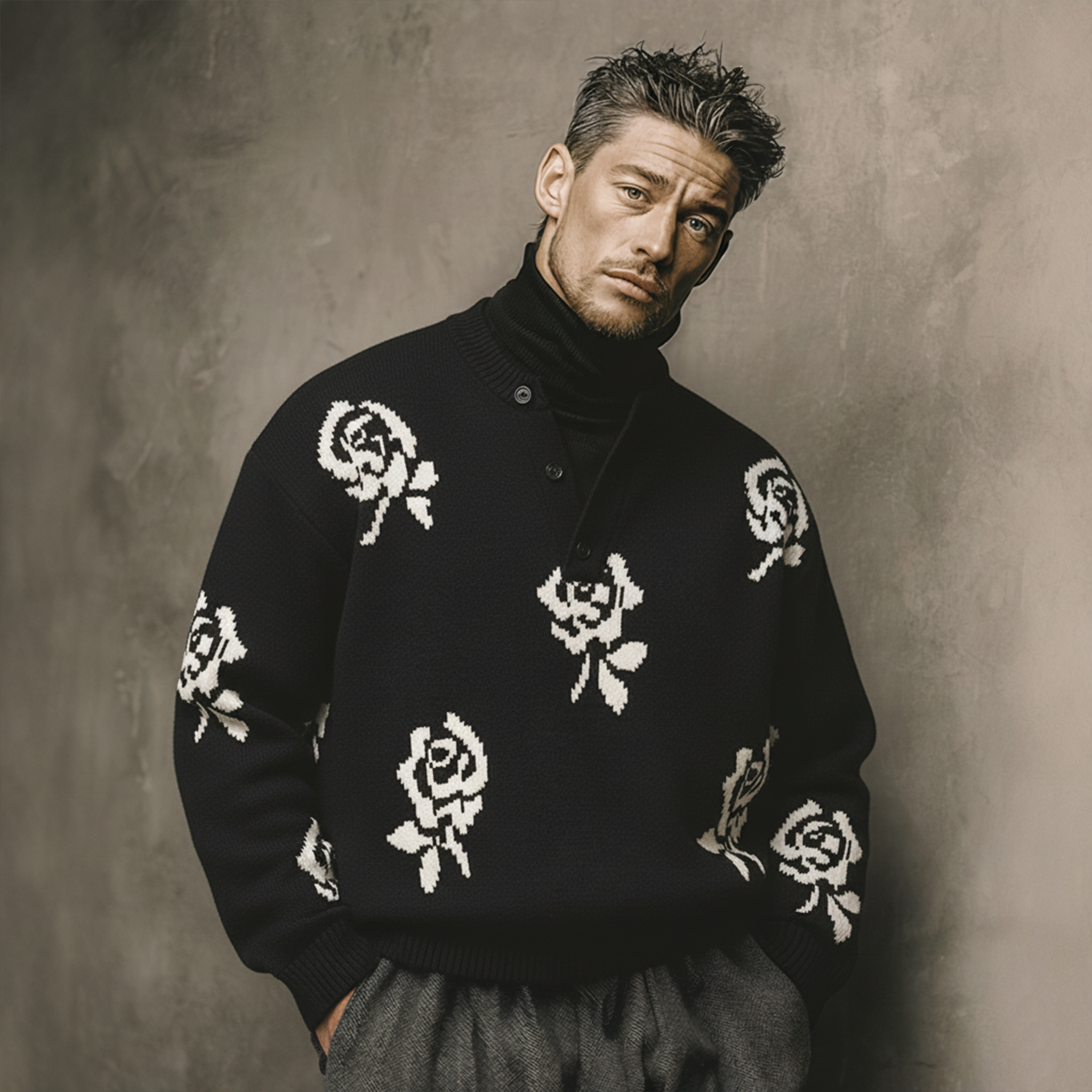 Men's Classic Old-money Style Henley Collar Rose Jacquard Loose Sweater MTA0642K3K