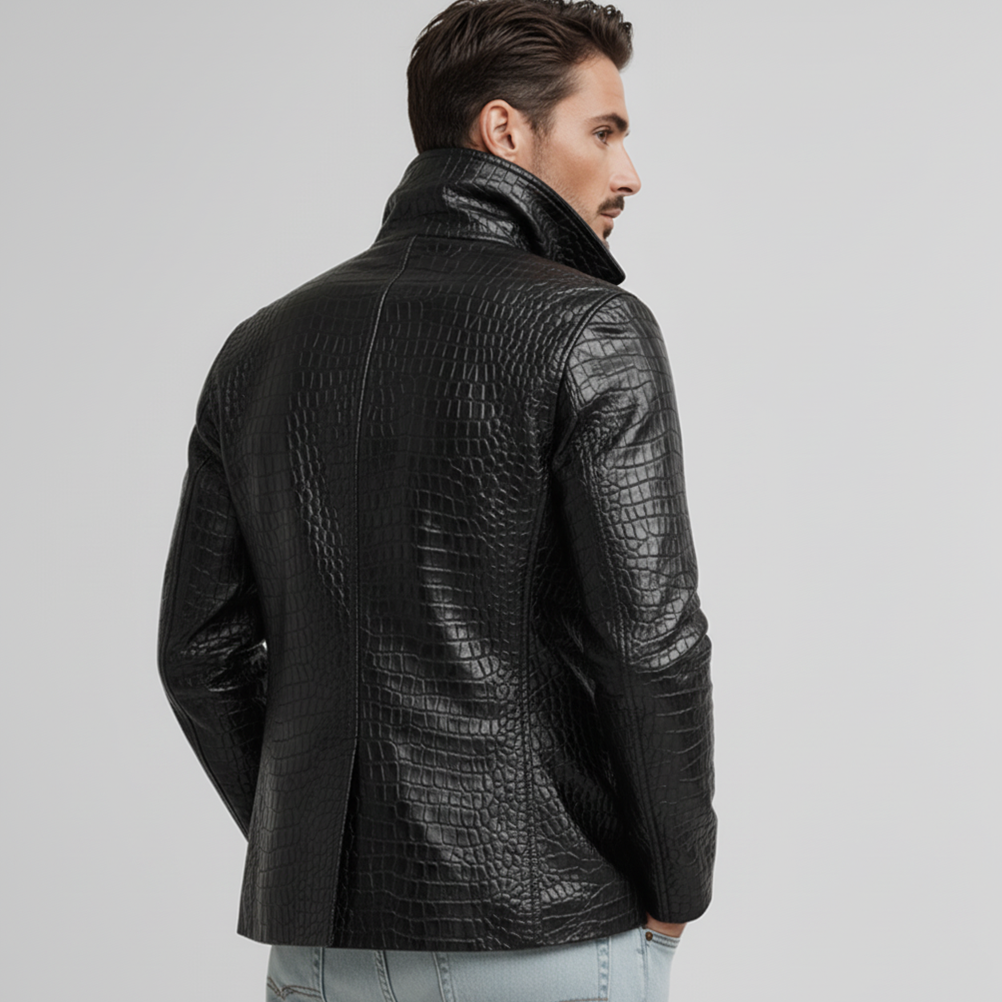 Men's Classic Casual Lapel Double-breasted Crocodile Leather Texture Pu Leather Jacket MTA1545J0K