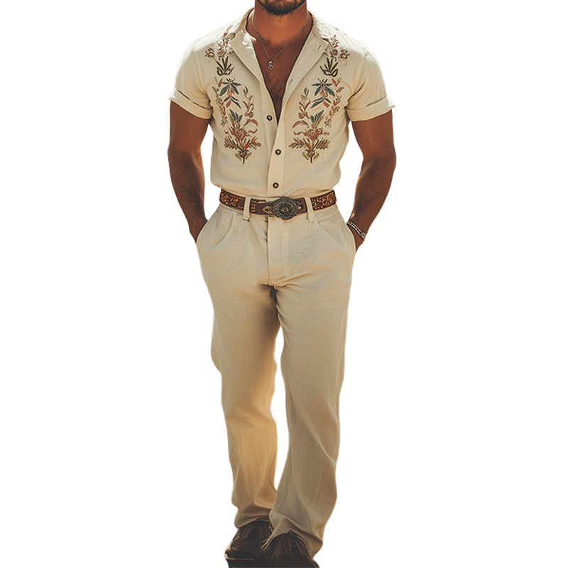 Men's Summer Fashion Retro Western Style Embroidered Cotton and Linen Jumpsuit (Without Belt) MTA2970D7K