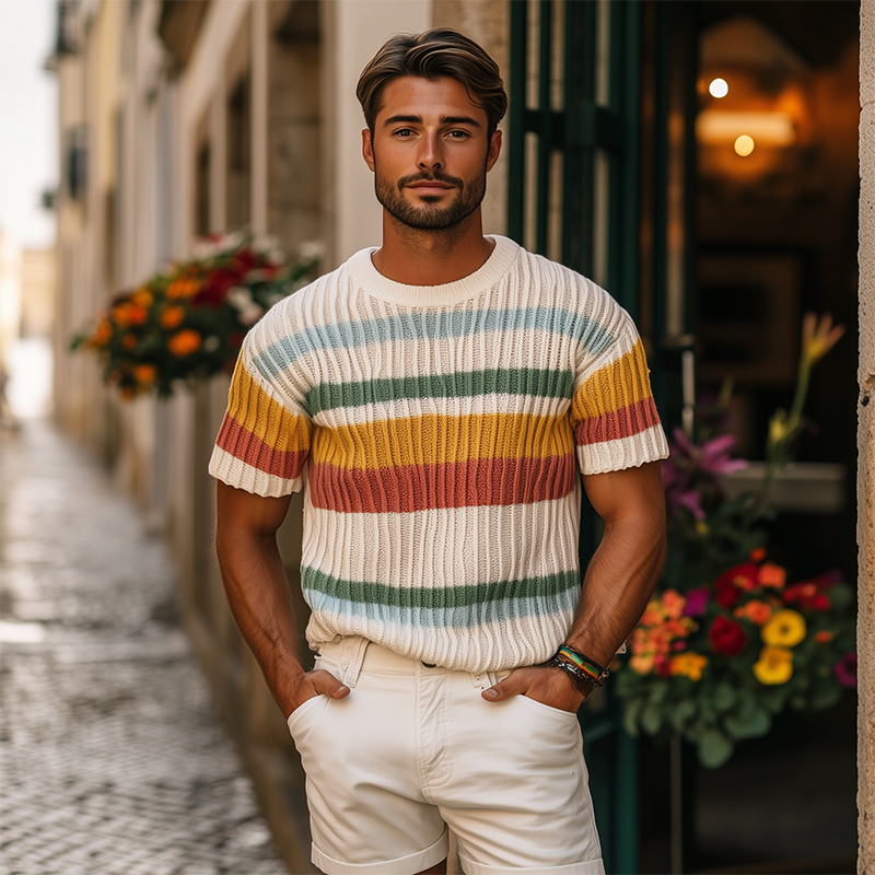 Men's Spring And Summer Fashion Casual Round Neck Colorful Horizontal Stripes Knitted Texture Short-sleeved T-shirt MTA2049F3K
