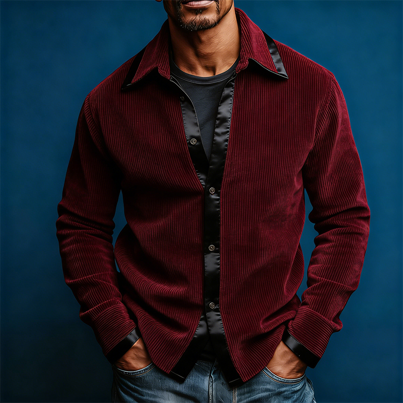 Men's Retro Casual Corduroy Satin Patchwork Lapel Long-Sleeve Shirt MTA1913L4TO