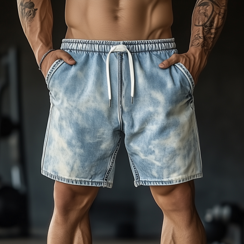 Men's Casual Outdoor Fried Snowflake Washed Loose Elastic Waist Denim Shorts MTA1692F0M