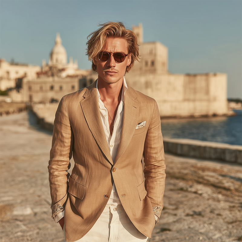 Men's Classic Retro Cuff Embroidery Cotton And Linen Slim Fit Single Breasted Blazer MTA1636G7K
