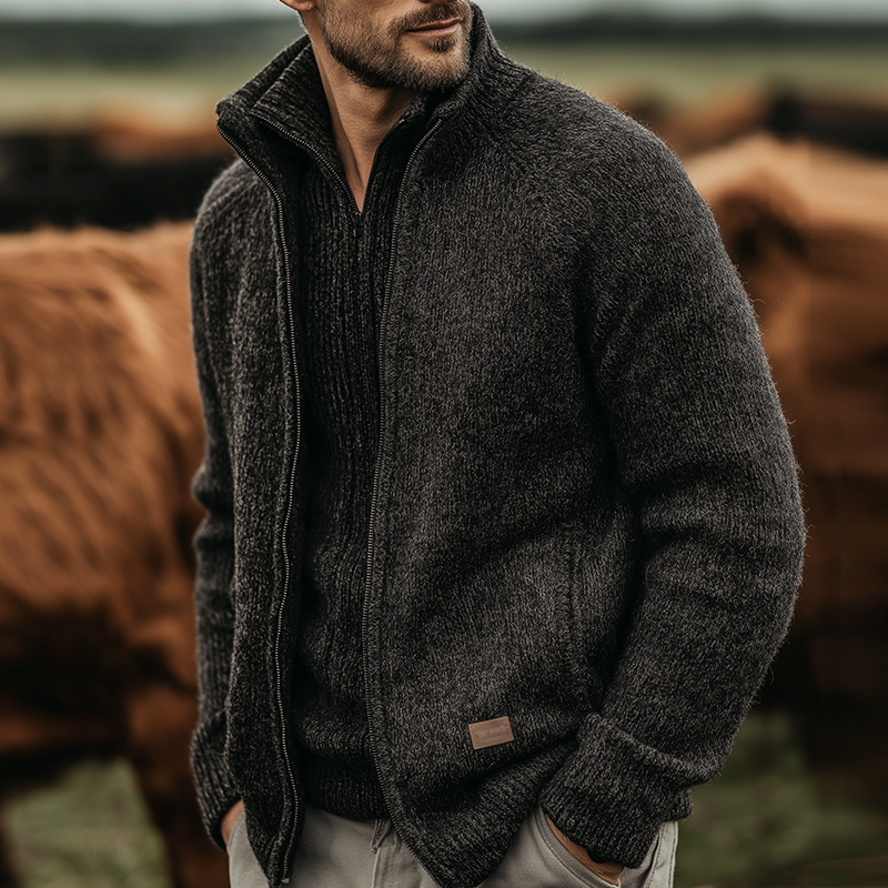 Men's Vintage Casual Ranch Knit Stand Collar Zipper Cardigan Jacket MTA1371J7TO