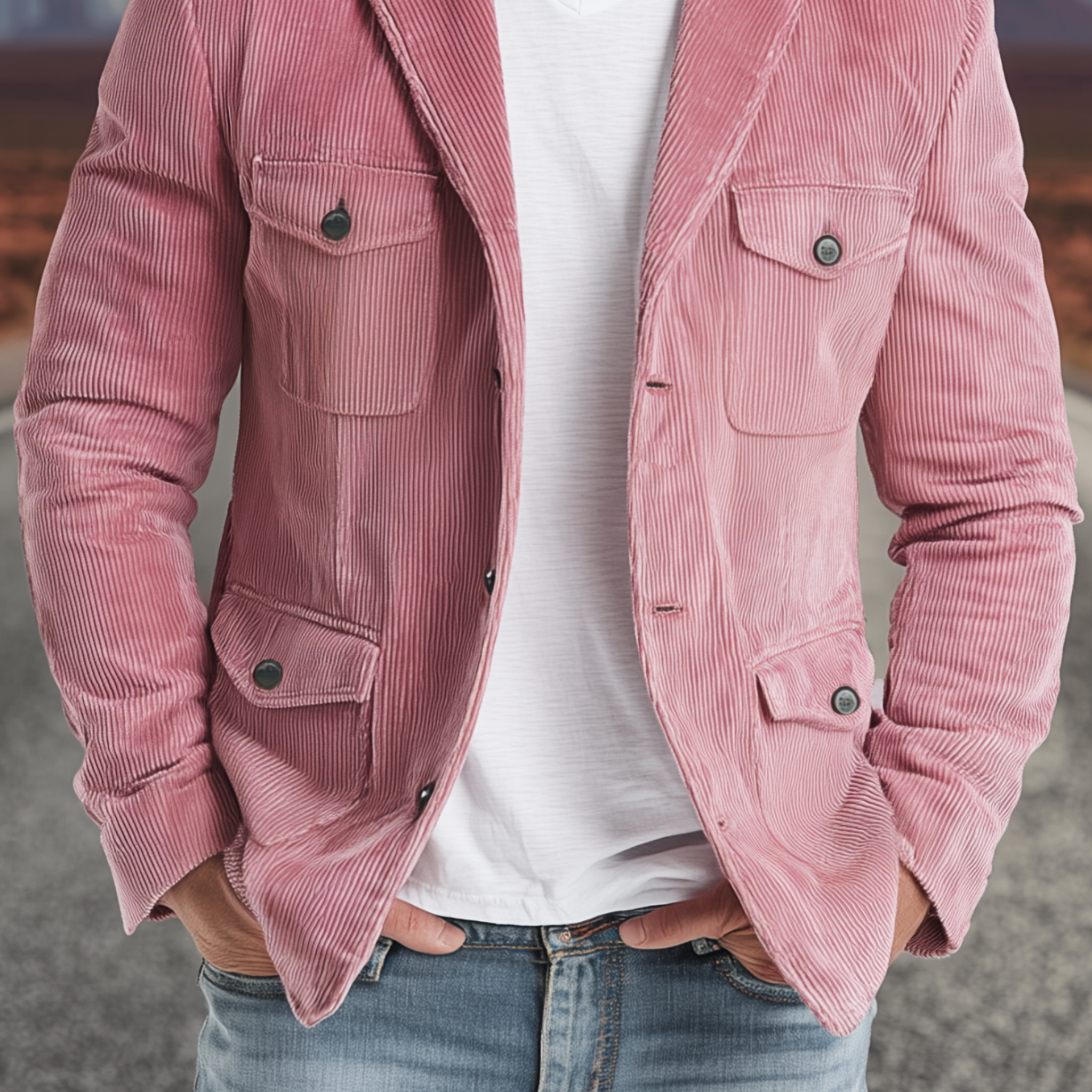 Men's Classic Casual Western Style Pink Corduroy Multi-pocket Single-breasted Blazer MTA2535H1K
