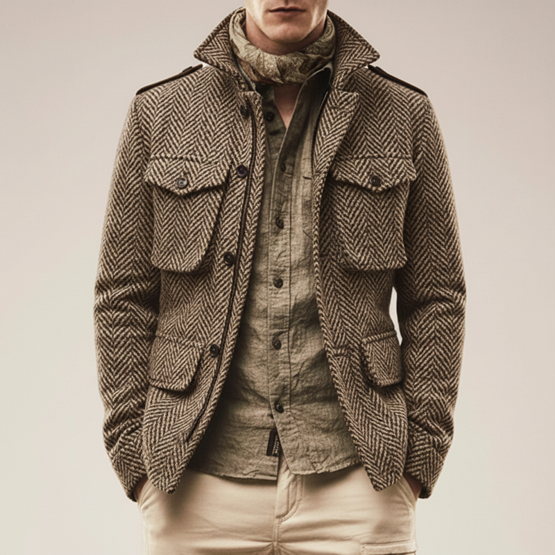 Men's Classic Vintage Khaki Herringbone Faux Wool Jacket MTA2729J4U