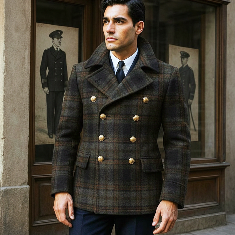 Men's Vintage Plaid Double-Breasted Faux Woolen Jacket MTA1378J9U