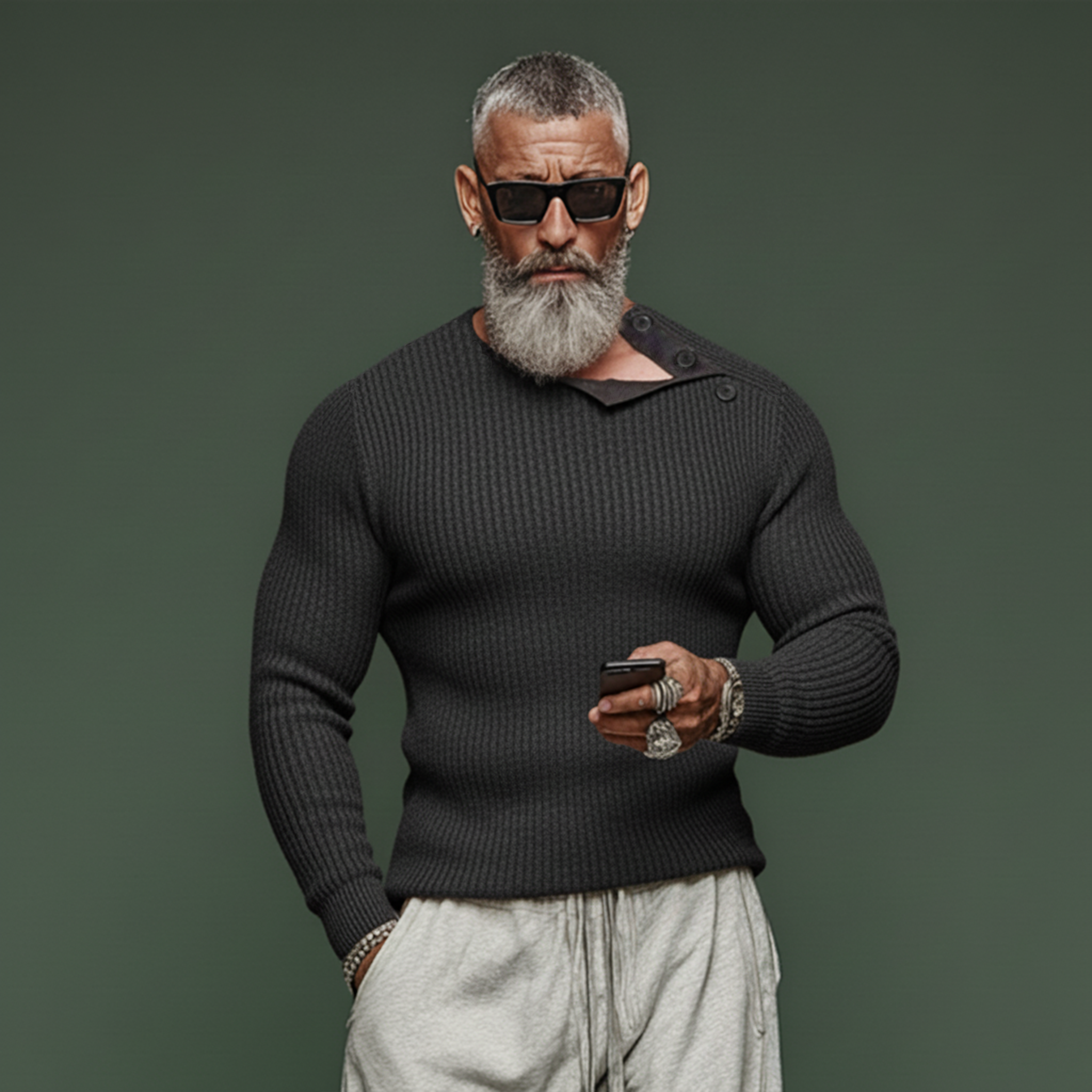 Men's Classic Casual Tough Style Round Neck Shoulder Button Design Slim Fit Sweater MTA2835J9K