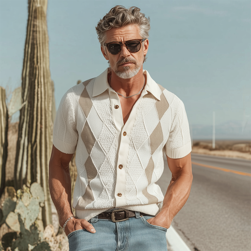 Men's Spring And Summer Fashion Retro Slim Fit Knitted Collar Plaid Short-sleeved Shirt MTA2095F5K