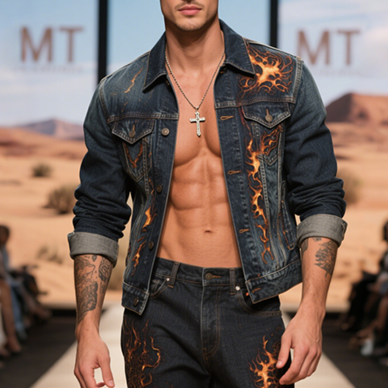 Men's Retro Casual Washed Denim Flame Print Lapel Single Breasted Jacket MTA2921E0TO