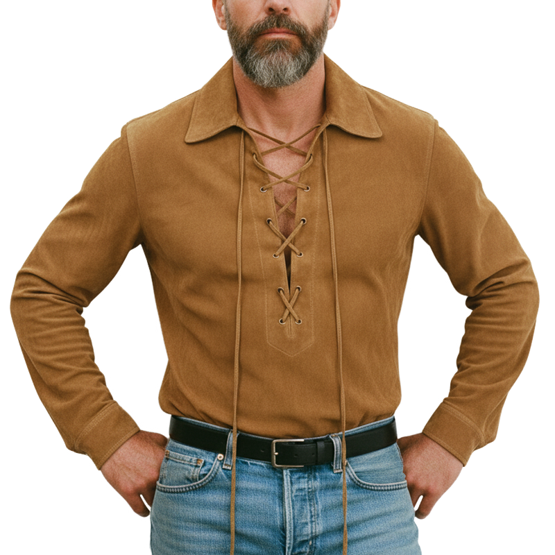 Men's Classic Western Style Suede Tie-Neck Long-Sleeve T-Shirt MTA0565L1U