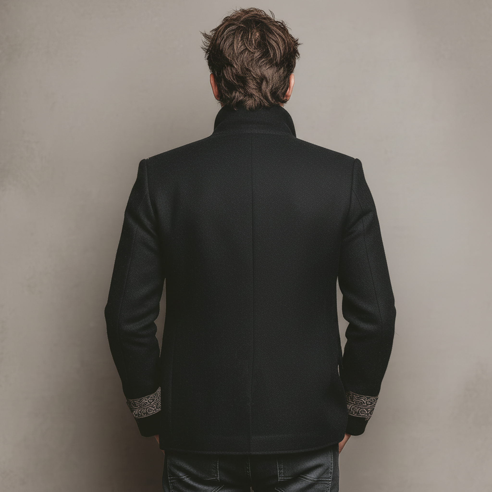 Men's Classic Retro Stand-up Collar Embroidered Faux Wool Jacket MTA0692K2K