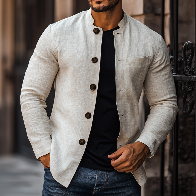 Men's Casual Solid Color Breathable Linen Stand Collar Slim Fit Long Sleeve Shirt Jacket MTA1790G6M