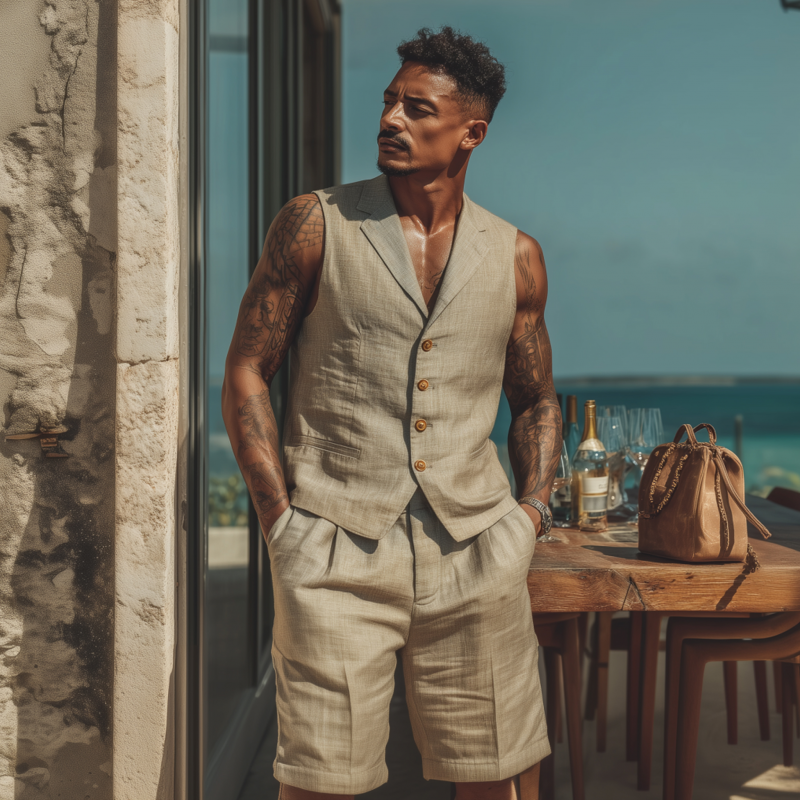 Men's Casual Breathable Solid Color Cotton Linen Notched Lapel Single-breasted Slim-fit Suit Vest Shorts Set MTA1802F7M