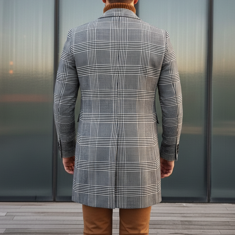 Men's Business Plaid Faux Wool Double-breasted Mid-length Coat MTA1617L1U