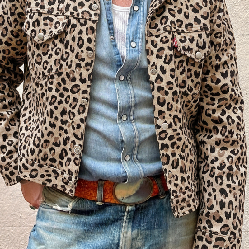 Men's Vintage Leopard Print Faux Suede With PU Lapel Jacket MTA2659I7X