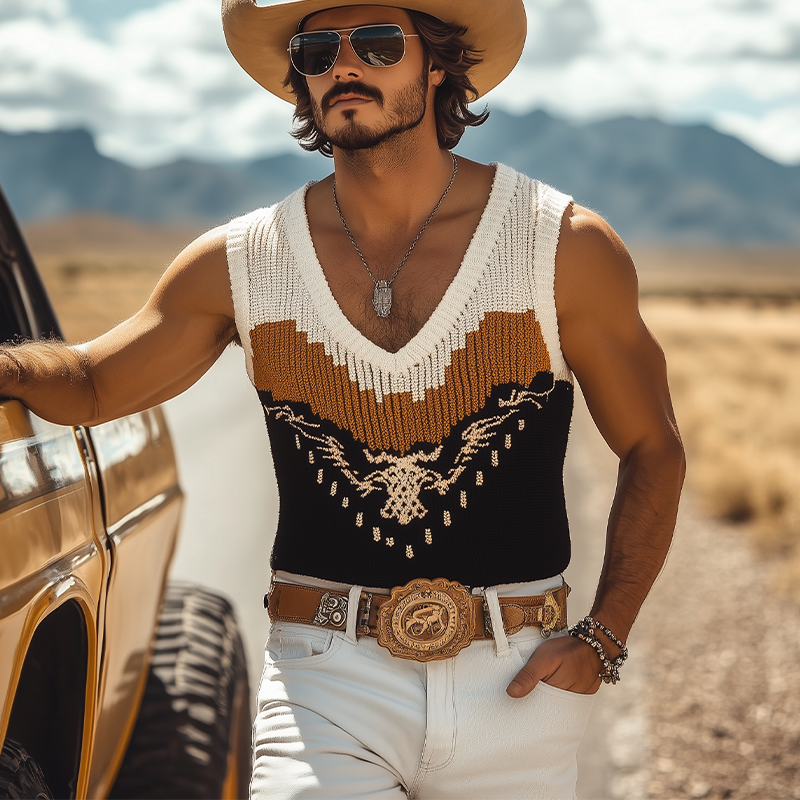 Men's Spring And Summer Fashion Casual Western Cowboy Style V-neck Slim Fit Knitted Contrast Jacquard Tank Top MTA1534E5K