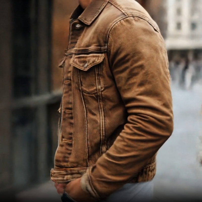 Men's Vintage Casual Solid Color Washed Denim Jacket 80646611K