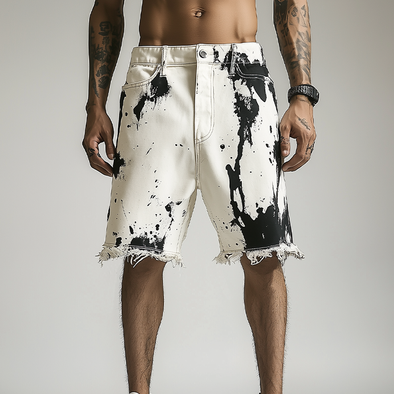 Men's Spring And Summer Fashion Casual Personality Washed Denim Ink-splashed Hem Shorts MTA2336F1K