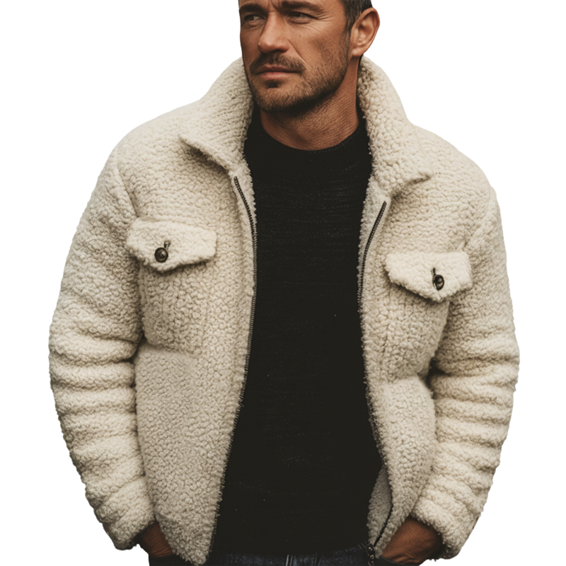 Men's Classic Winter Beige Fleece Zip-Up Jacket MTA3159J2U