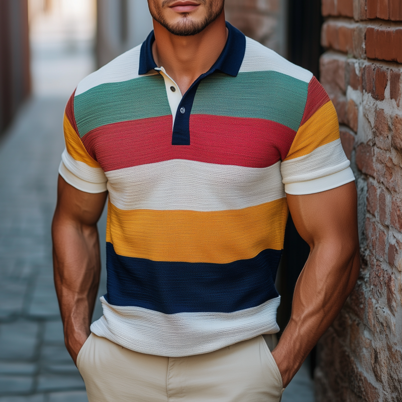 Men's Vintage Breathable Contrast Color Striped Lapel Slim Fit Knitted Short-sleeved Polo Shirt MTA2166G3M