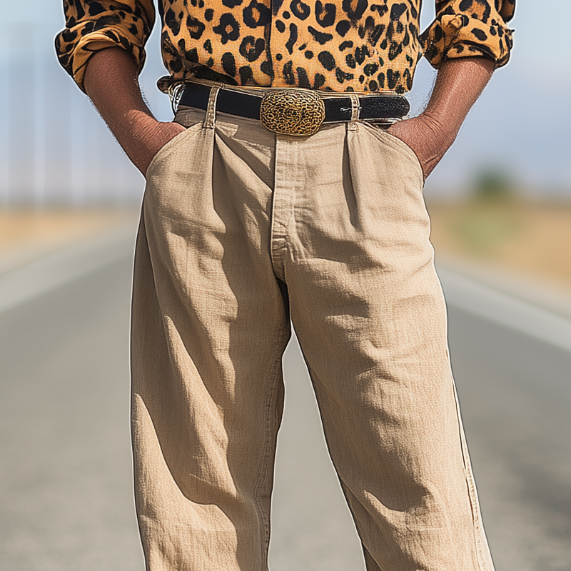 Men's Spring And Summer Fashion Western Cowboy Style Cotton And Linen Washed Loose Casual Pants MTA1676E2K