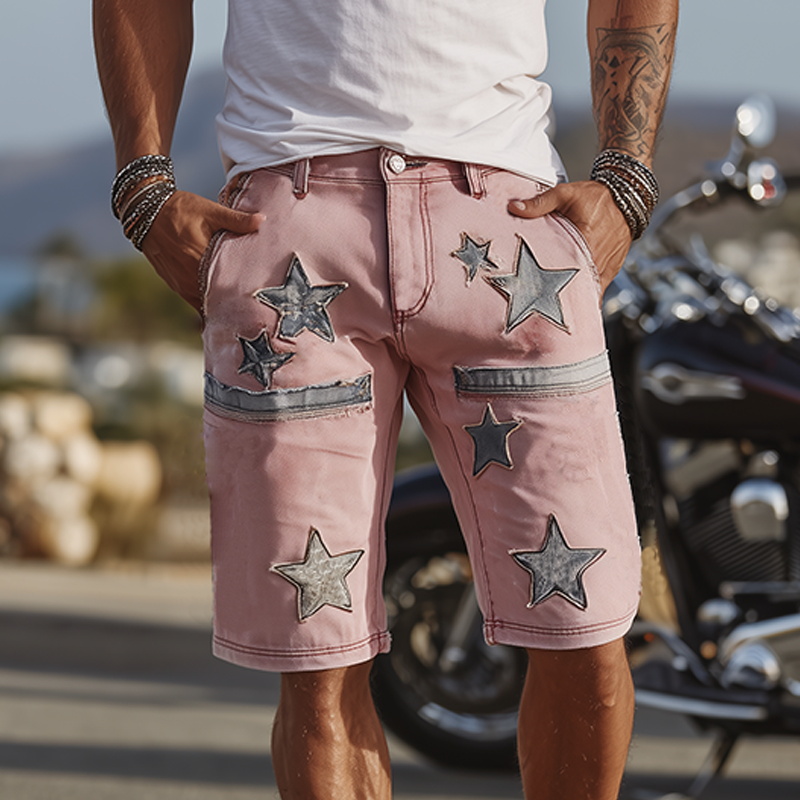 Men's Spring And Summer Fashion Casual Outdoor Washed Denim Patch Pattern Shorts MTA1808F9K
