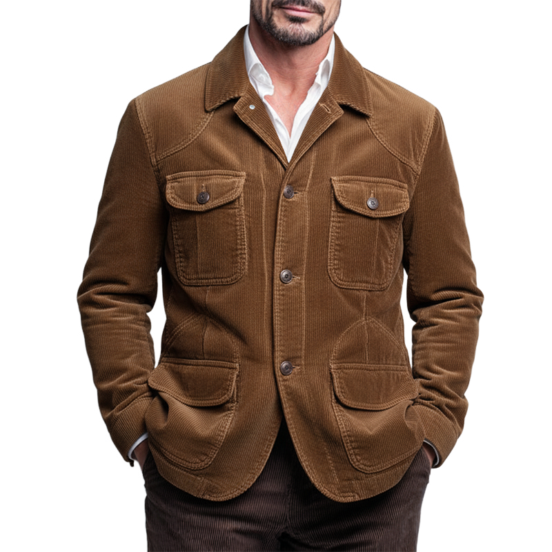Men's Retro Solid Color Corduroy Lapel Multi-Pocket Jacket MTA1989K7X