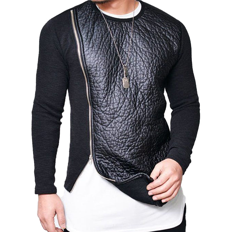 Men's Faux Leather Stitching Zip-up Round Neck Long-sleeved T-shirt(Internal T-shirt not included) 12785925U
