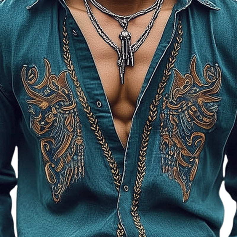 Men's Vintage Embroidered Denim Long Sleeve Shirt MTA2229D5U
